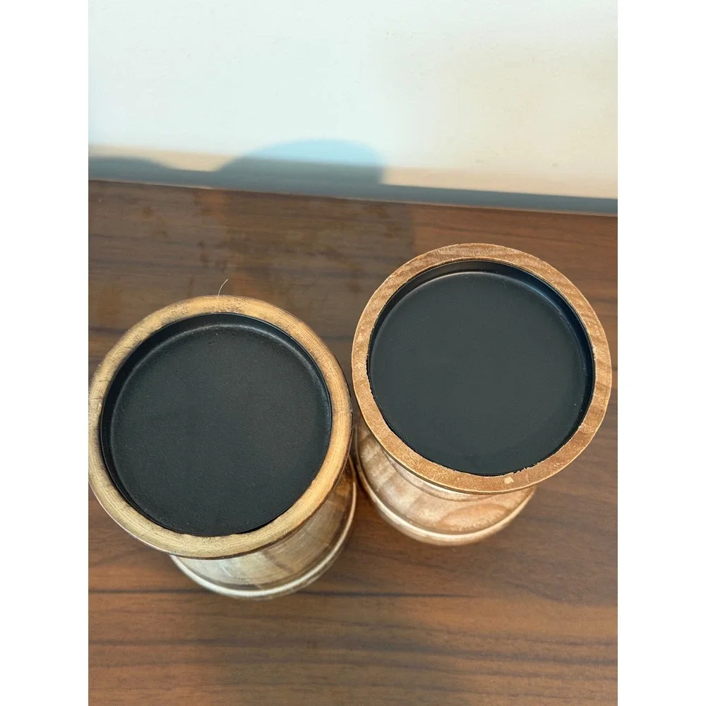 Set of 2 Rustic Distressed Wood Pillar Candle Holders Farmhouse Brown 6 Inch